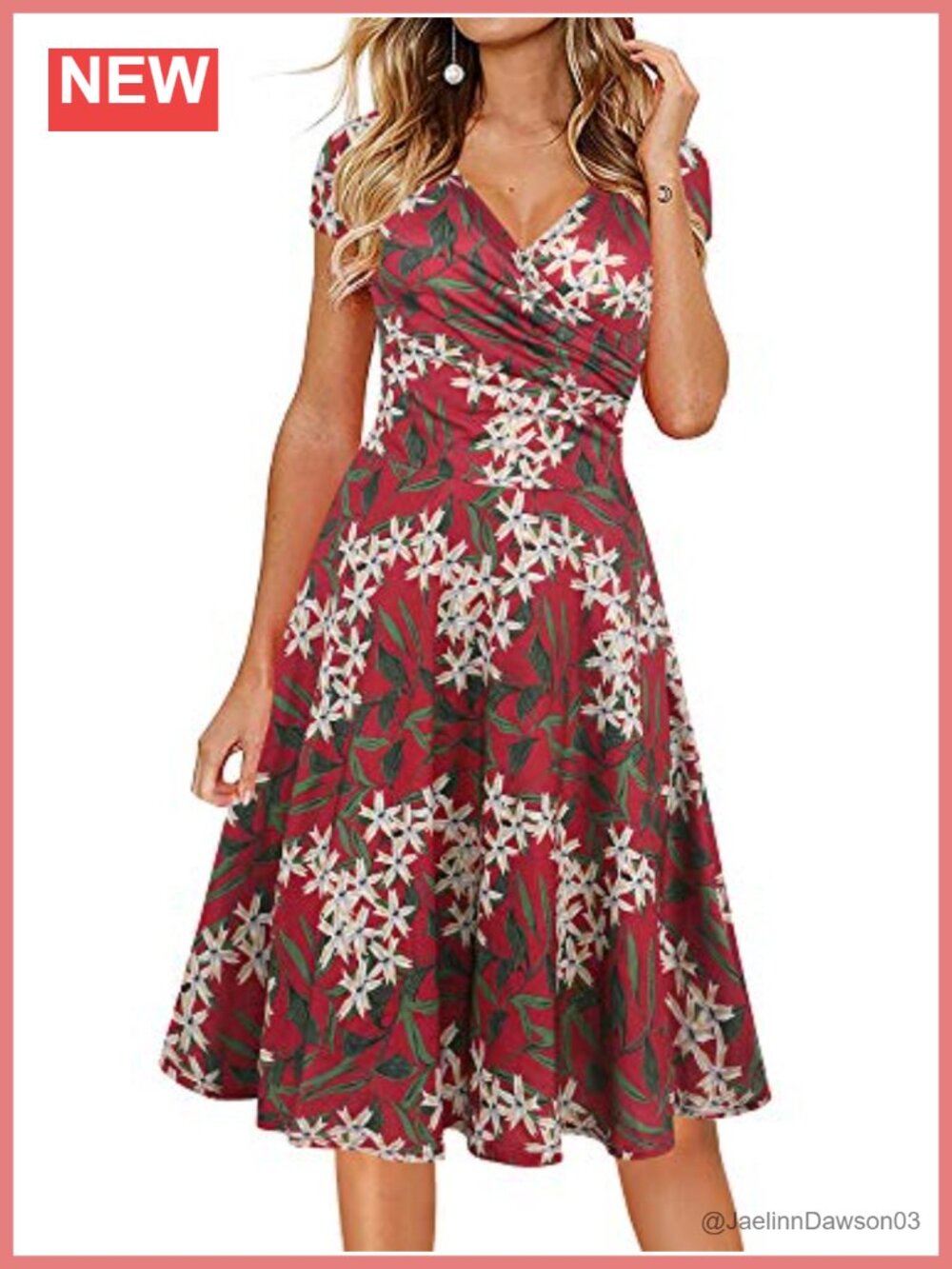 Cap Sleeve V-Neck Floral Fit & Flare Knee-Length Dress